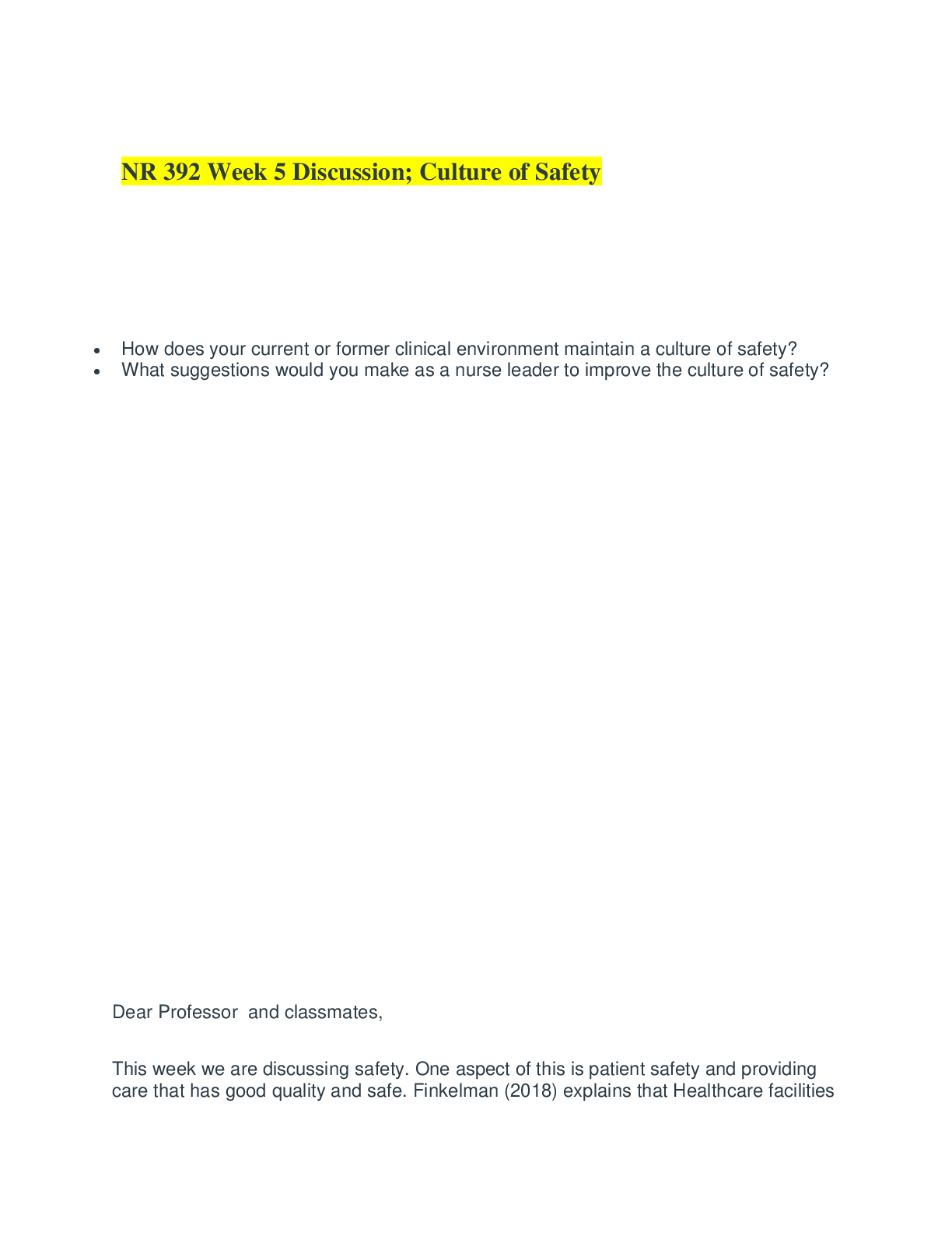 Preview image for NR 392 Week 5 Discussion; Culture of Safety